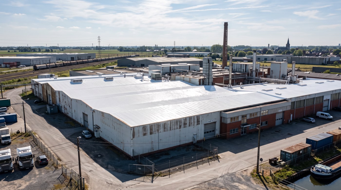 Grande toiture industrielle ou commerciale recouverte d’un revêtement blanc réfléchissant