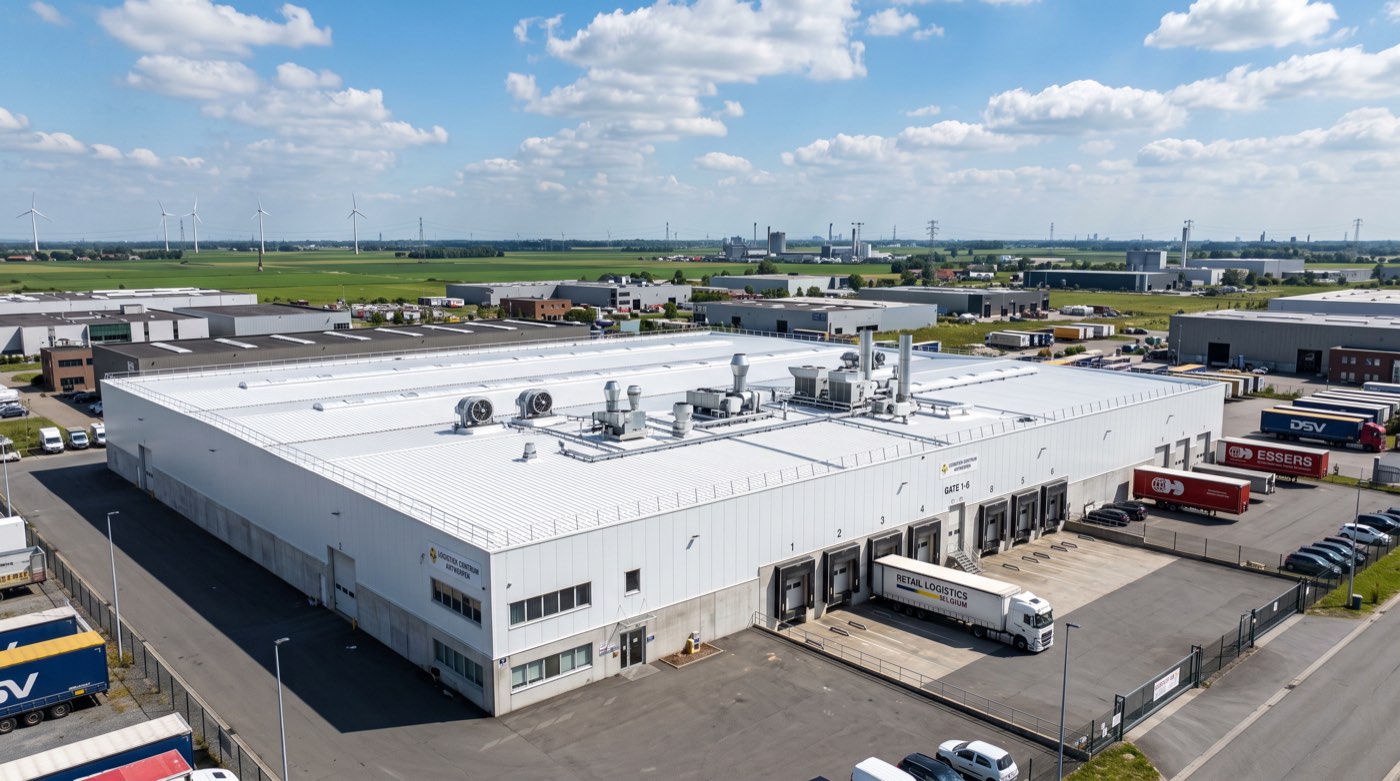 Grande toiture industrielle ou commerciale recouverte d’un revêtement blanc réfléchissant