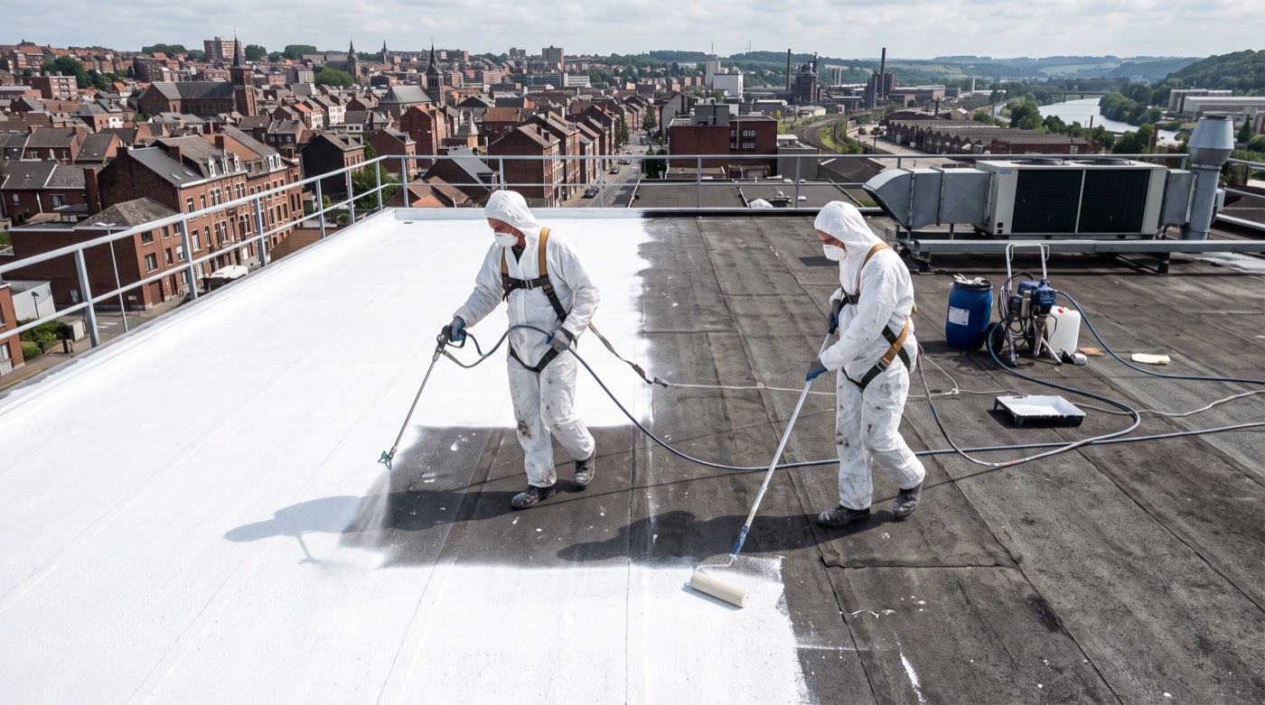 Toiture plate résidentielle recouverte d’un revêtement blanc réfléchissant