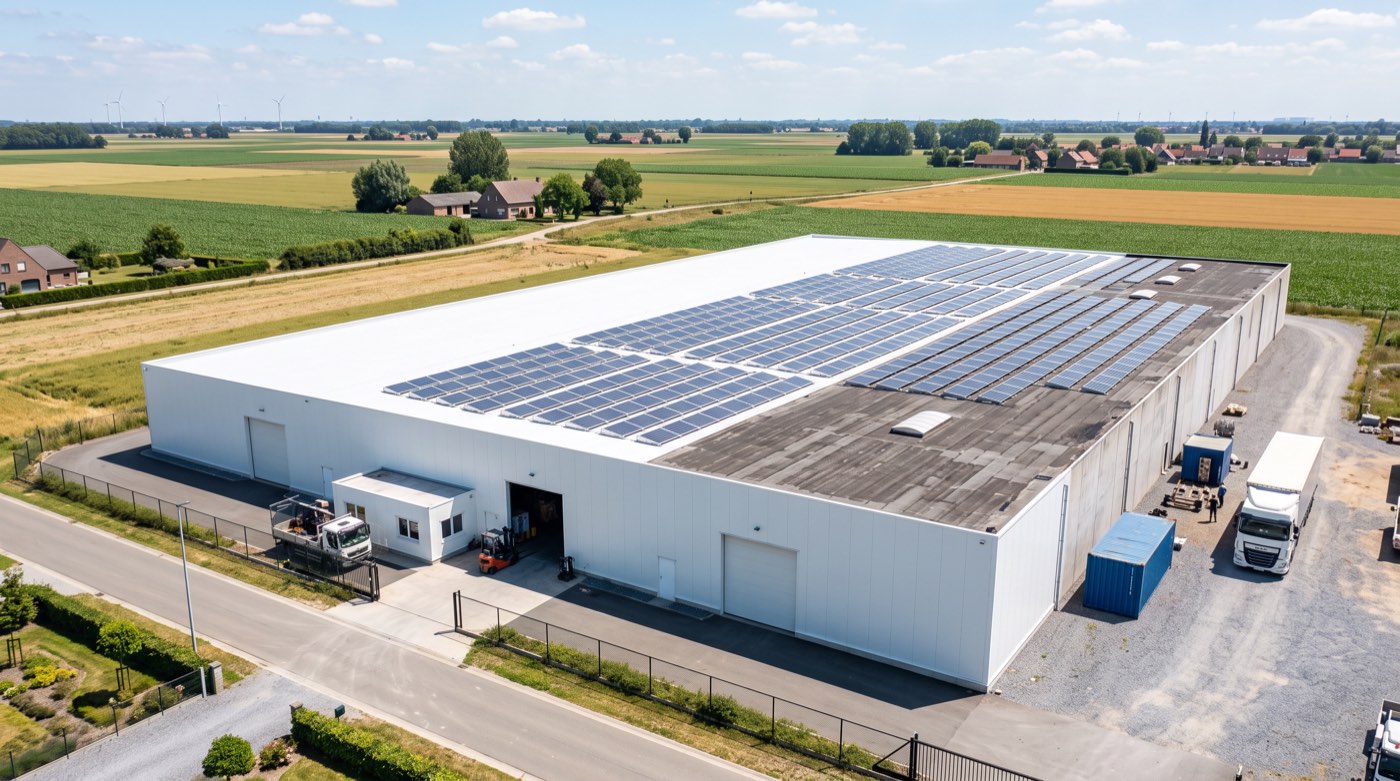 Grande toiture industrielle ou commerciale recouverte d’un revêtement blanc réfléchissant