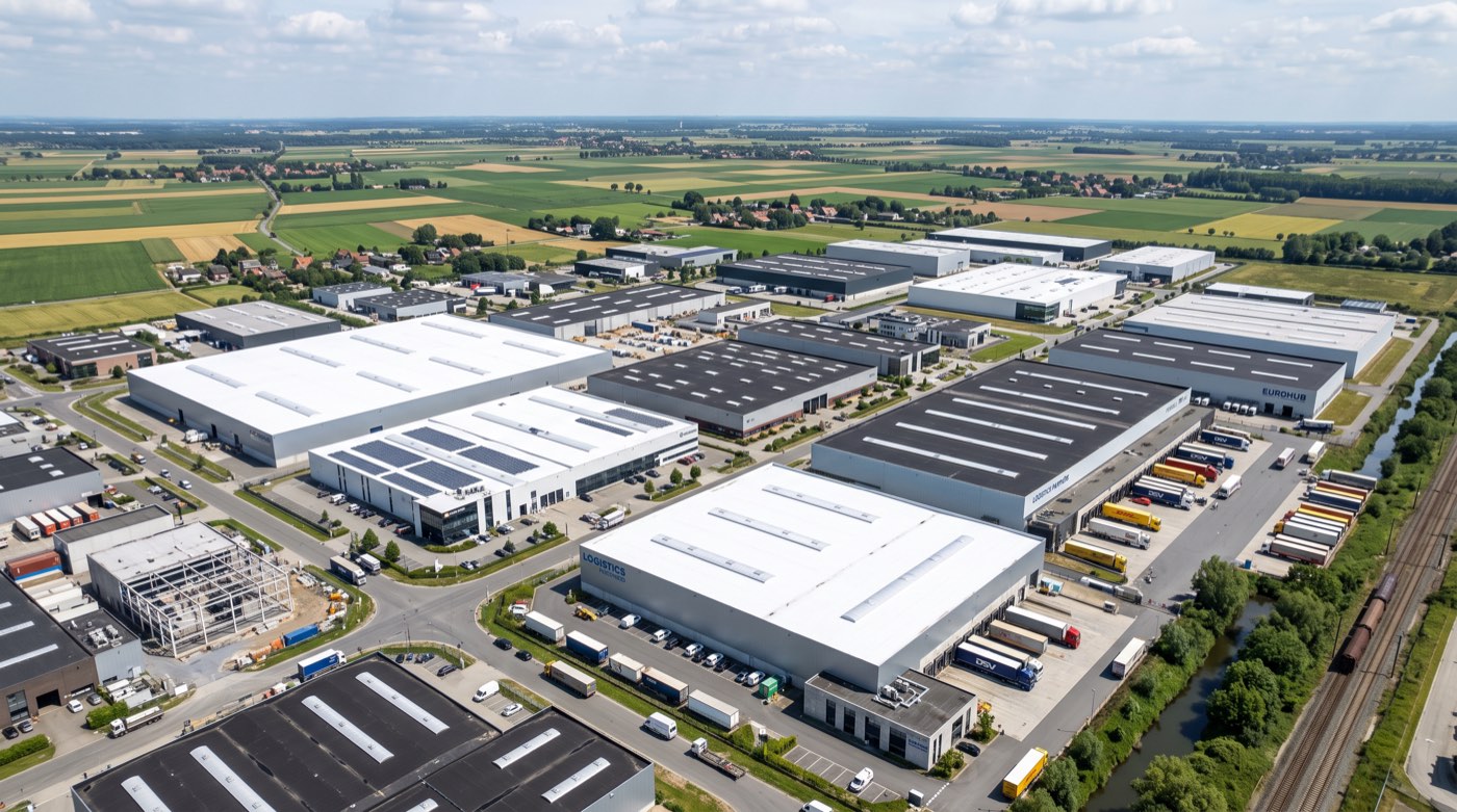 Grande toiture industrielle ou commerciale recouverte d’un revêtement blanc réfléchissant
