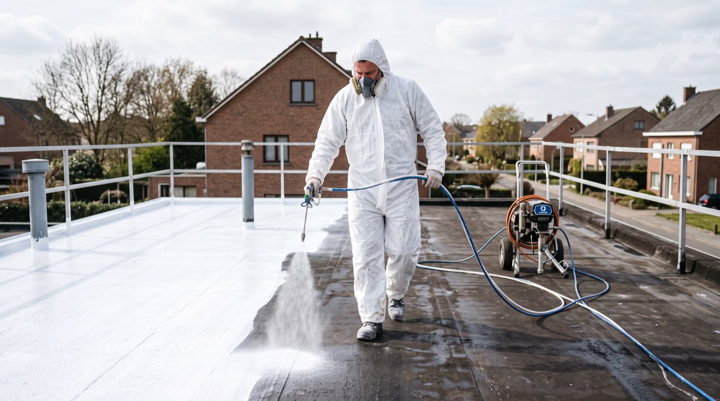 Toiture plate résidentielle recouverte d’un revêtement blanc réfléchissant