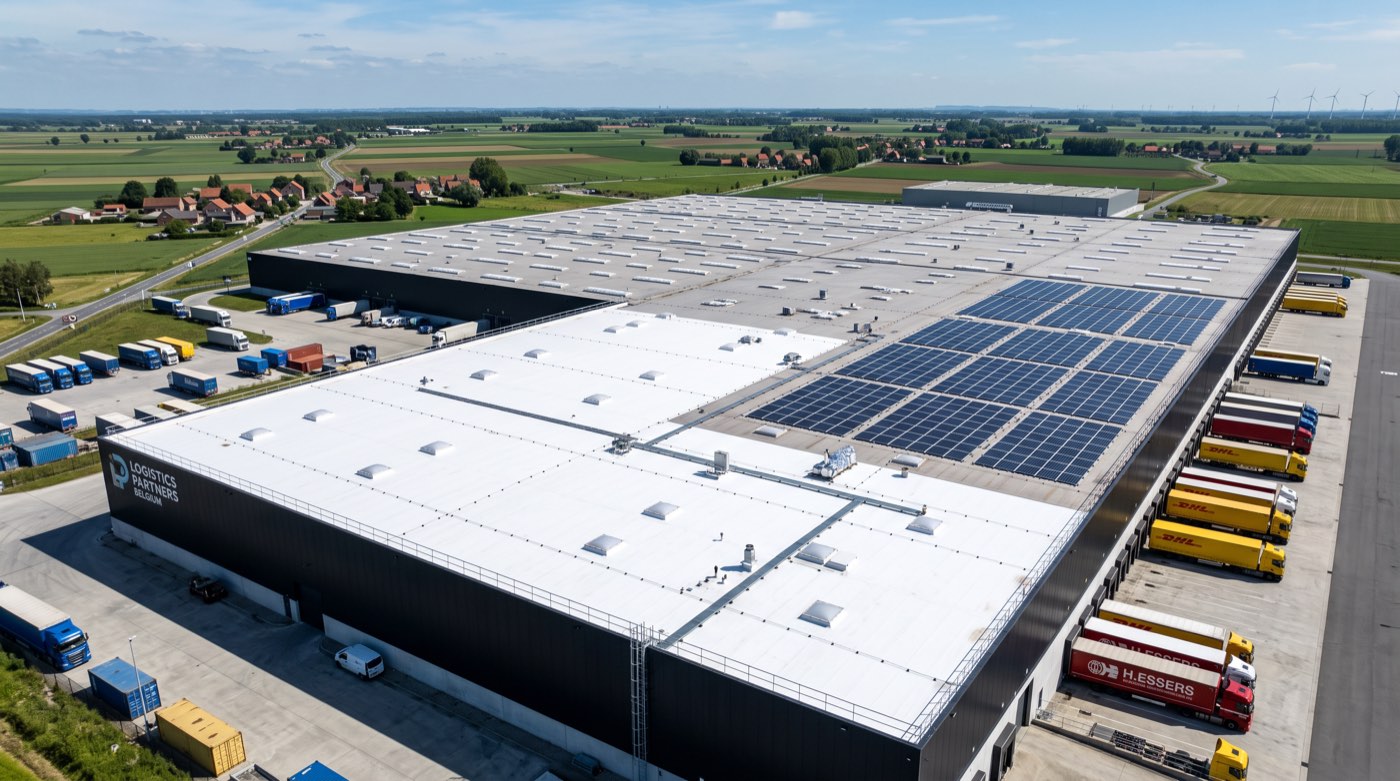 Grande toiture industrielle ou commerciale recouverte d’un revêtement blanc réfléchissant