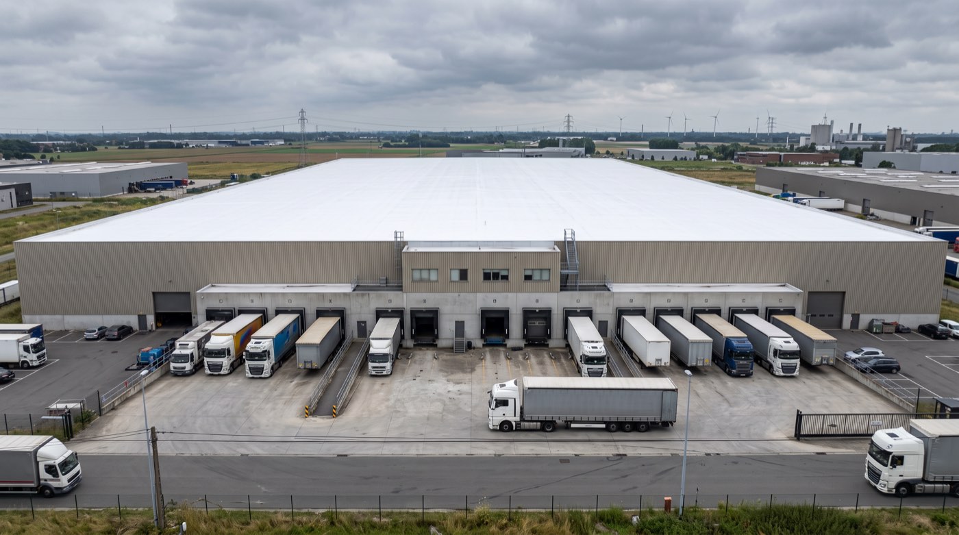 Grande toiture industrielle ou commerciale recouverte d’un revêtement blanc réfléchissant