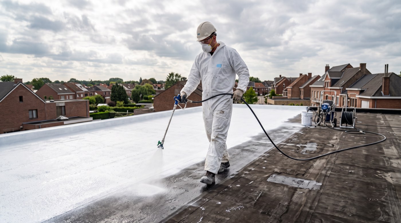 Toiture plate résidentielle recouverte d’un revêtement blanc réfléchissant