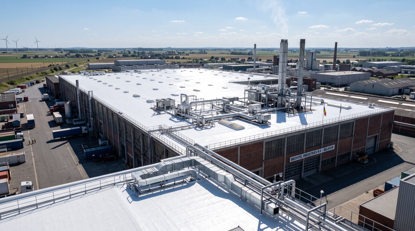 Grande toiture industrielle ou commerciale recouverte d’un revêtement blanc réfléchissant