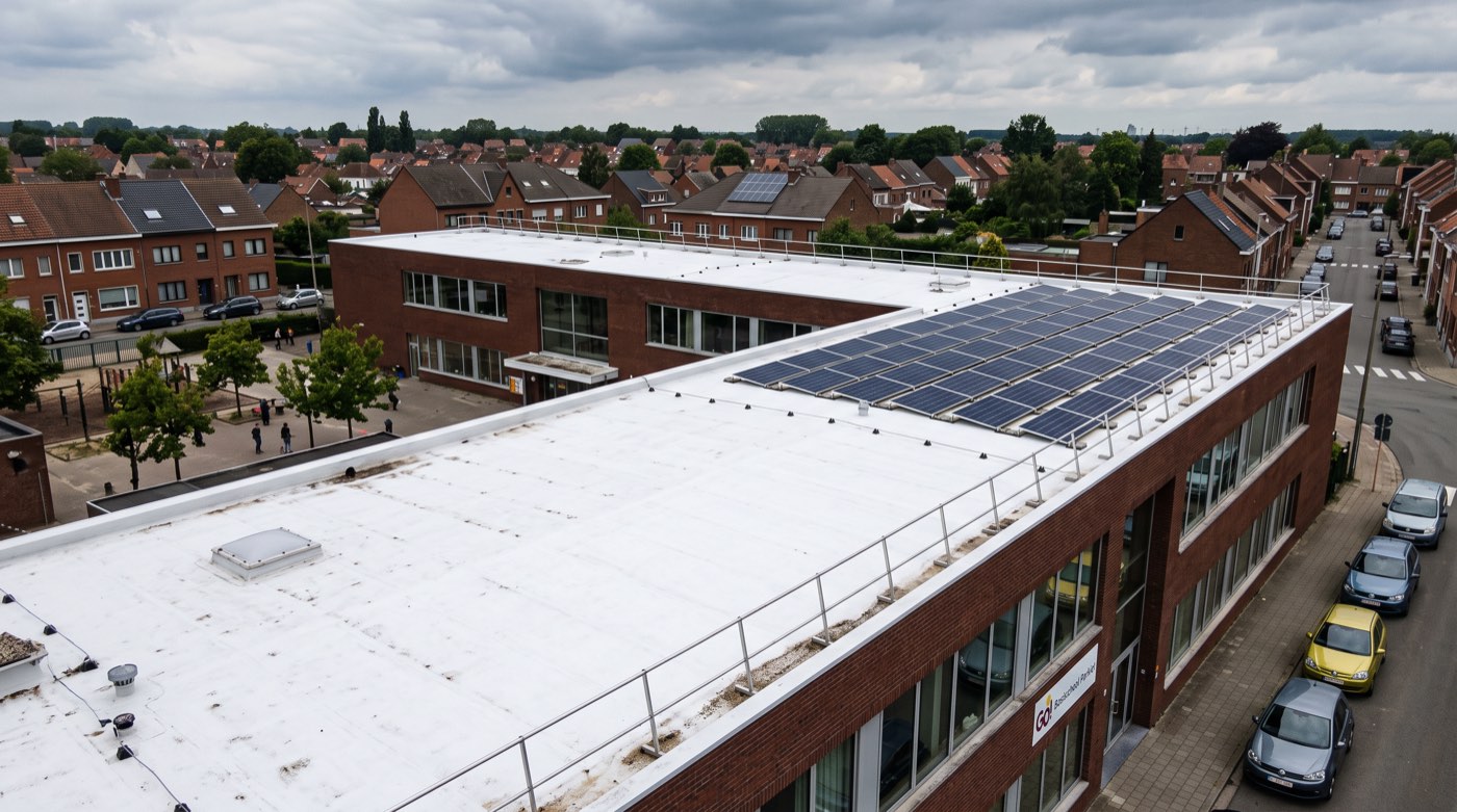 Toiture plate résidentielle recouverte d’un revêtement blanc réfléchissant