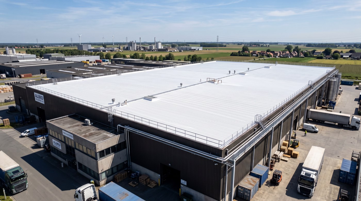 Grande toiture industrielle ou commerciale recouverte d’un revêtement blanc réfléchissant