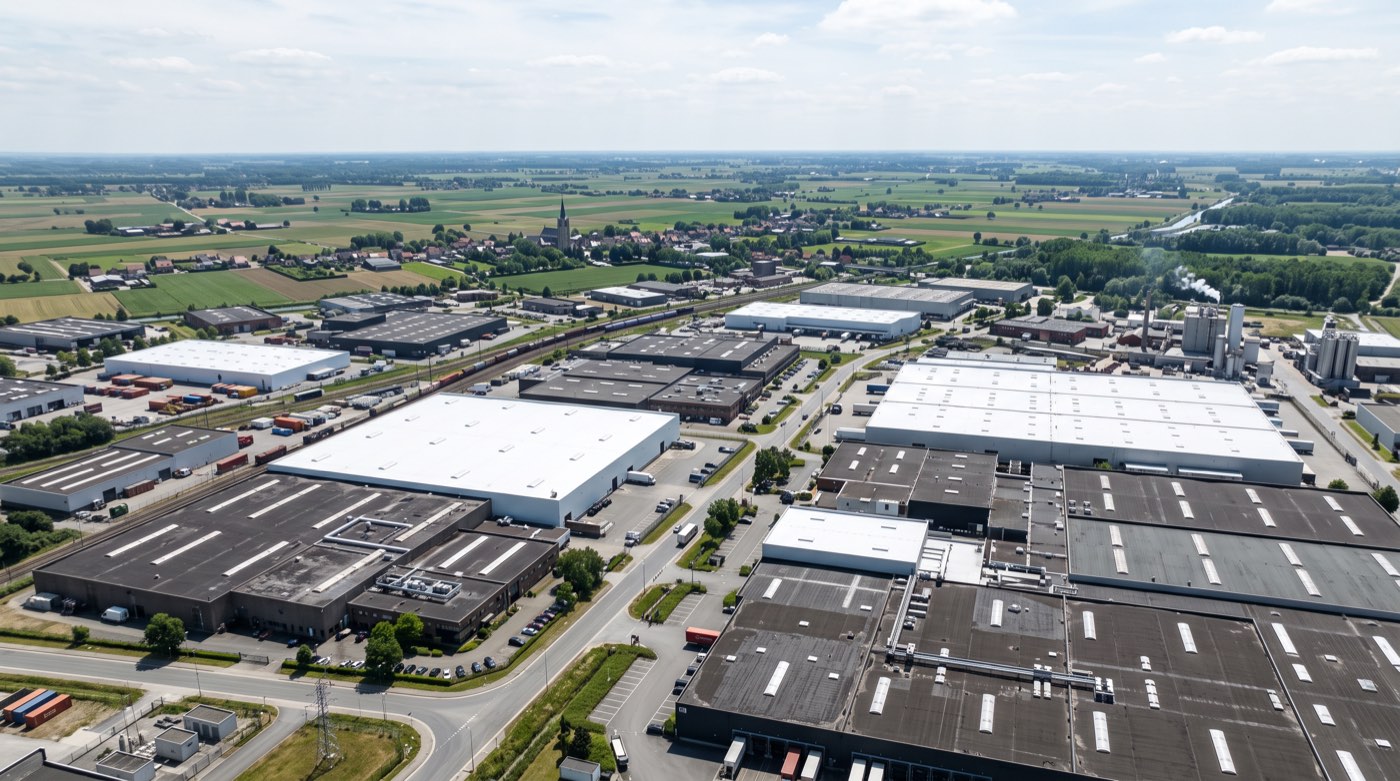 Grande toiture industrielle ou commerciale recouverte d’un revêtement blanc réfléchissant