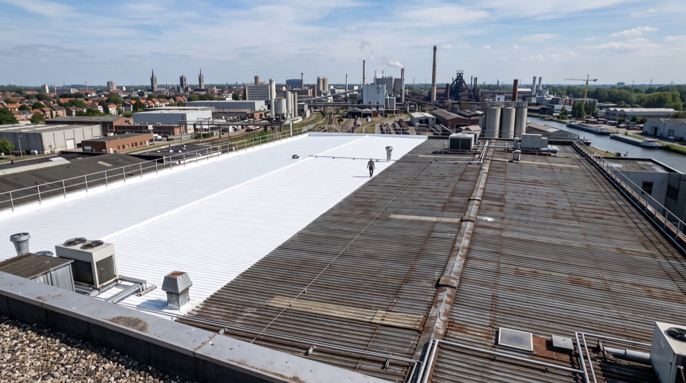 Grande toiture industrielle ou commerciale recouverte d’un revêtement blanc réfléchissant