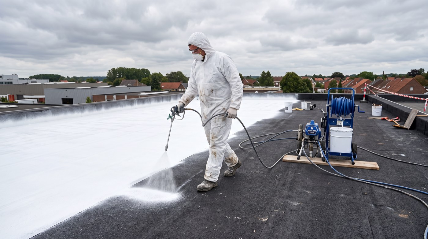 Grande toiture industrielle ou commerciale recouverte d’un revêtement blanc réfléchissant