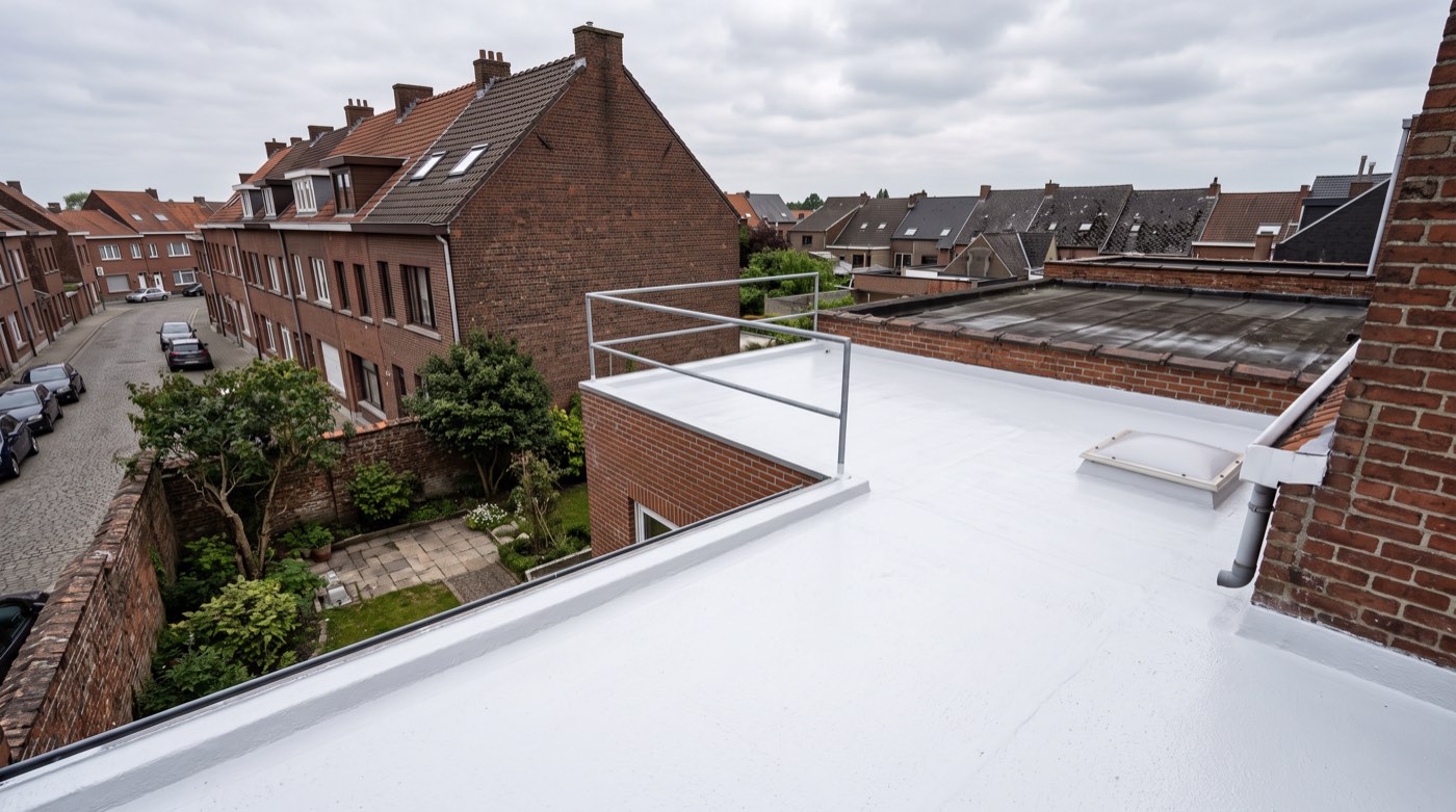 Toiture plate résidentielle recouverte d’un revêtement blanc réfléchissant