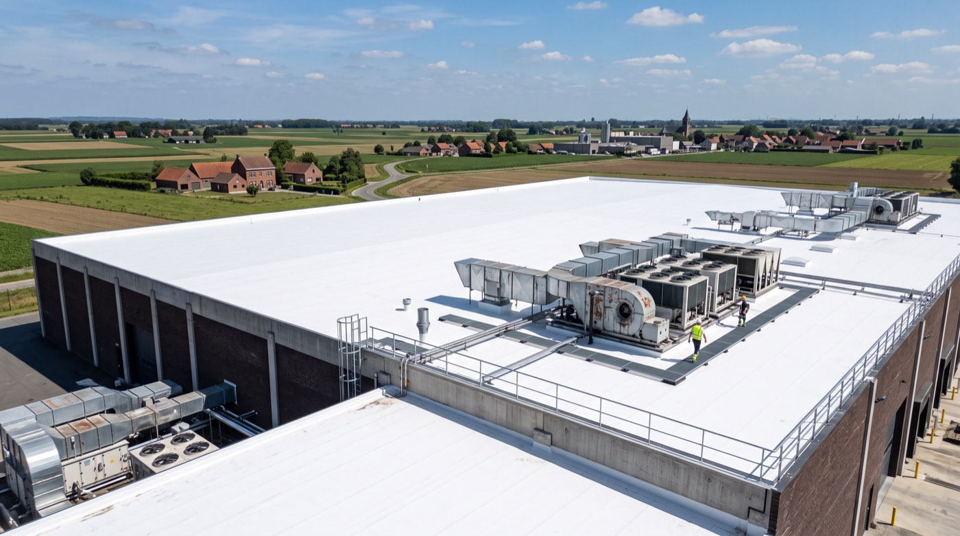 Grande toiture industrielle ou commerciale recouverte d’un revêtement blanc réfléchissant