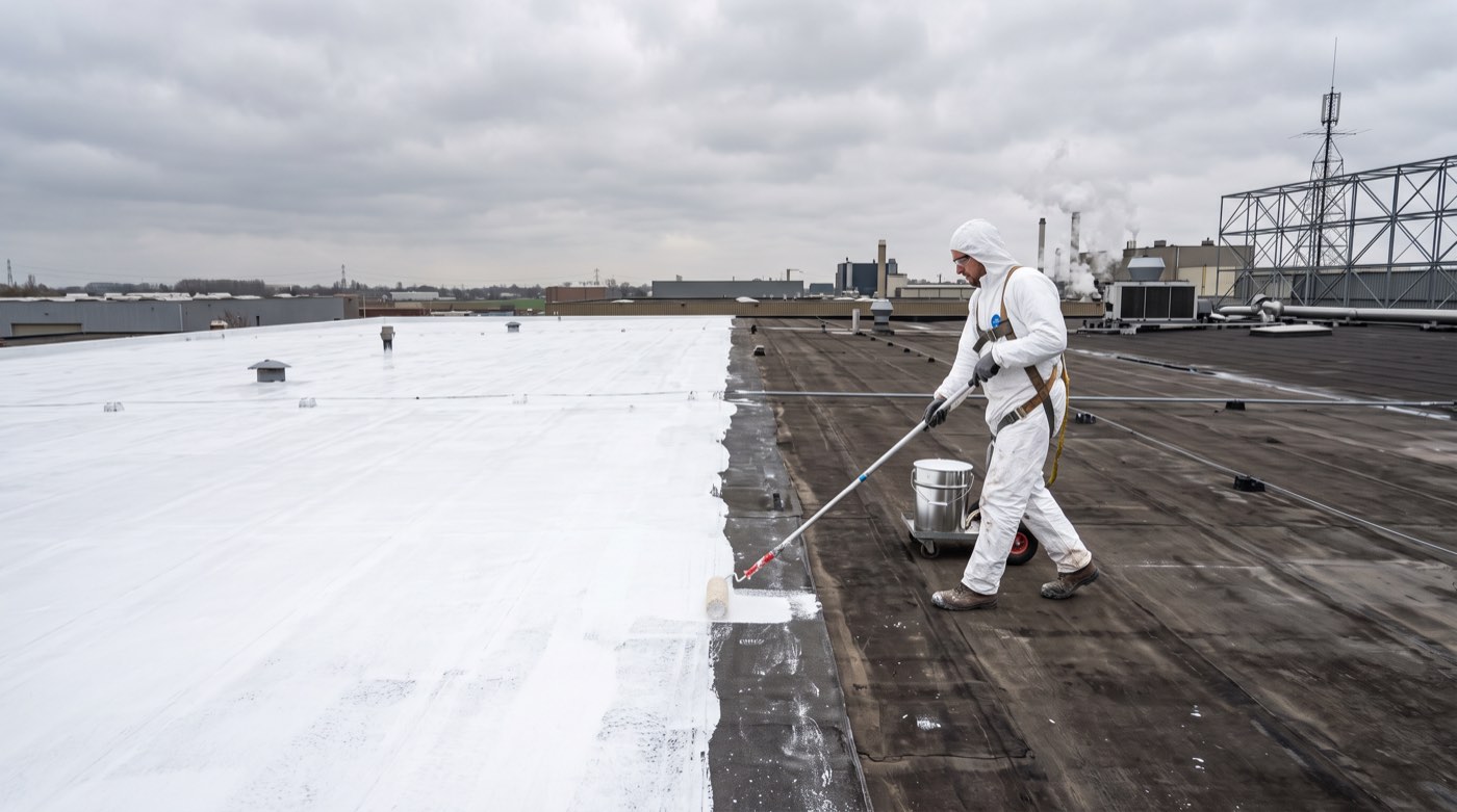 Grande toiture industrielle ou commerciale recouverte d’un revêtement blanc réfléchissant