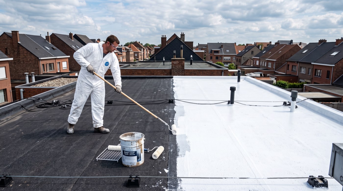 Toiture plate résidentielle recouverte d’un revêtement blanc réfléchissant
