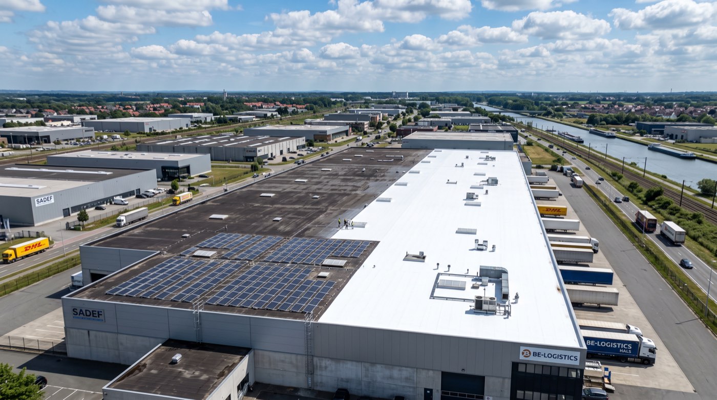 Grande toiture industrielle ou commerciale recouverte d’un revêtement blanc réfléchissant