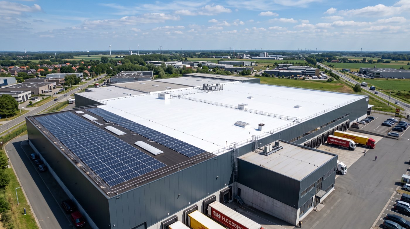 Grande toiture industrielle ou commerciale recouverte d’un revêtement blanc réfléchissant