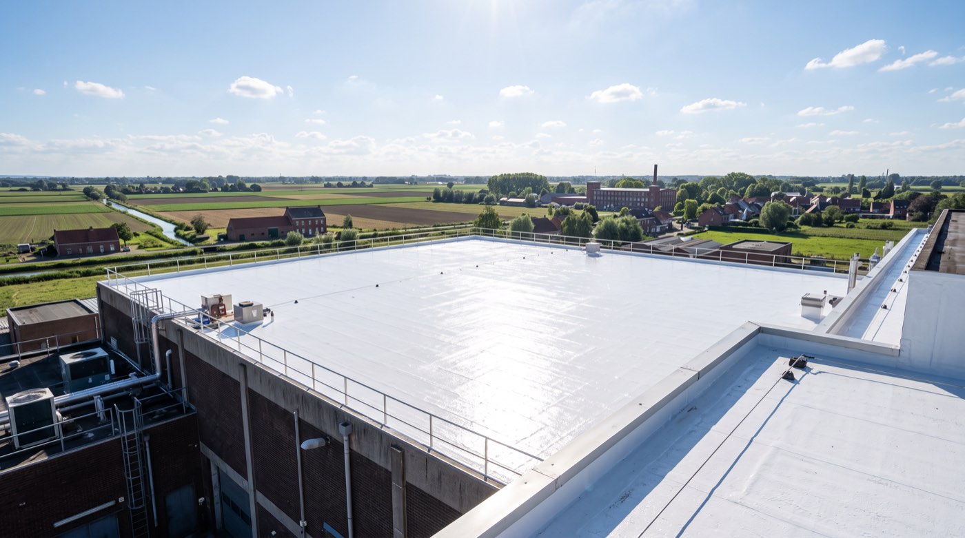 Grande toiture industrielle ou commerciale recouverte d’un revêtement blanc réfléchissant