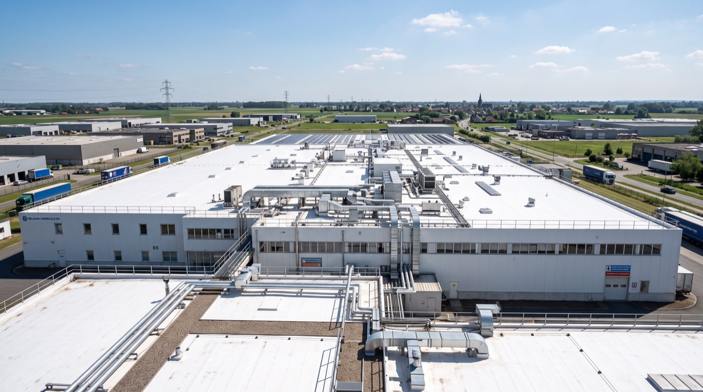Grande toiture industrielle ou commerciale recouverte d’un revêtement blanc réfléchissant