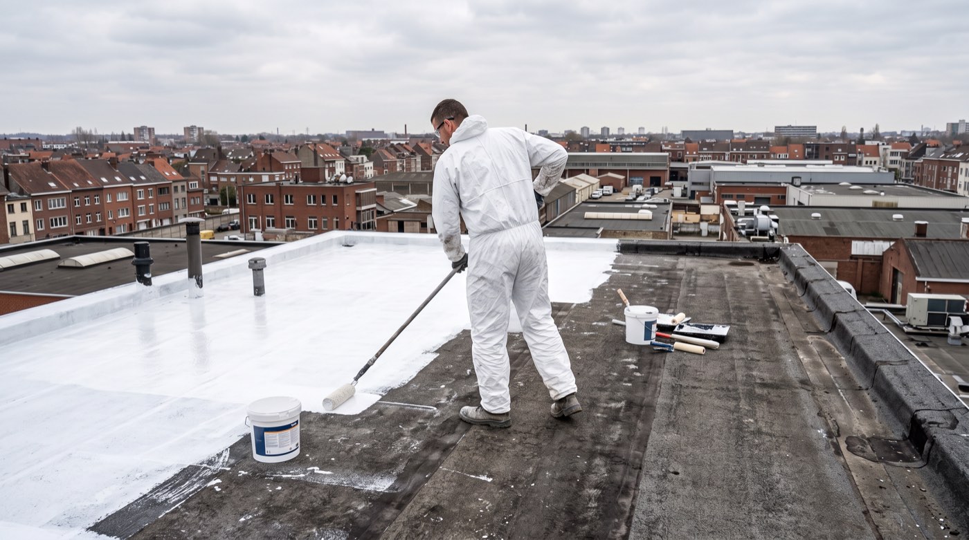 Toiture plate résidentielle recouverte d’un revêtement blanc réfléchissant