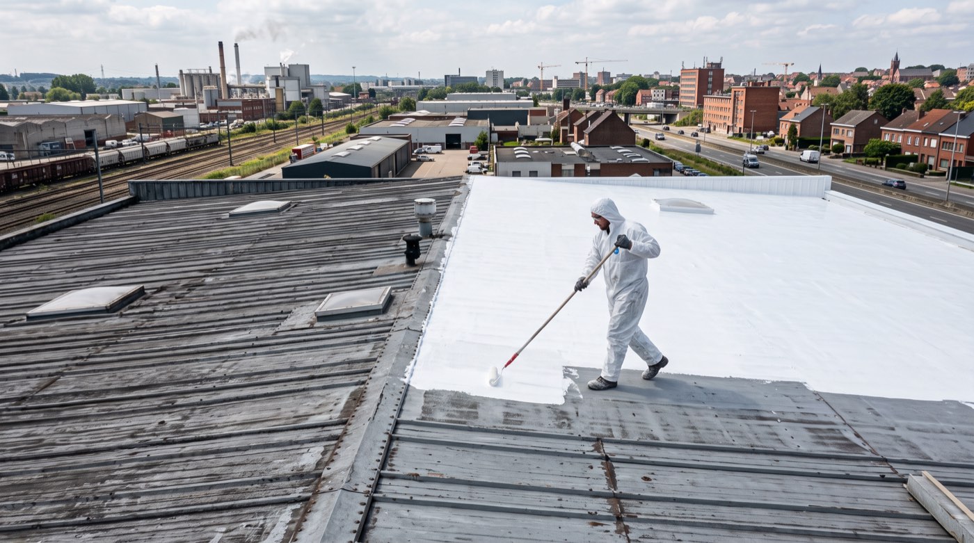 Grande toiture industrielle ou commerciale recouverte d’un revêtement blanc réfléchissant