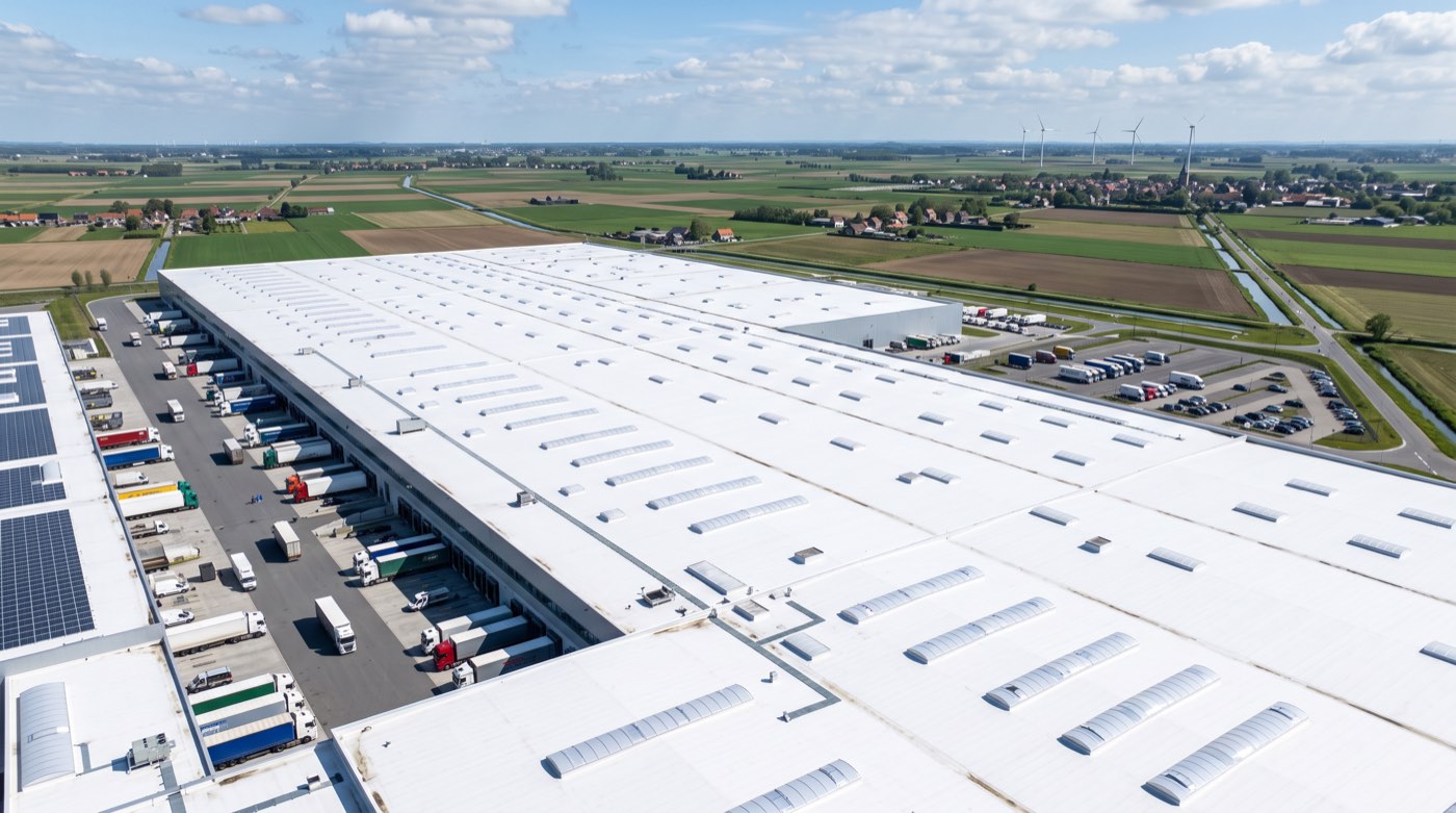 Grande toiture industrielle ou commerciale recouverte d’un revêtement blanc réfléchissant